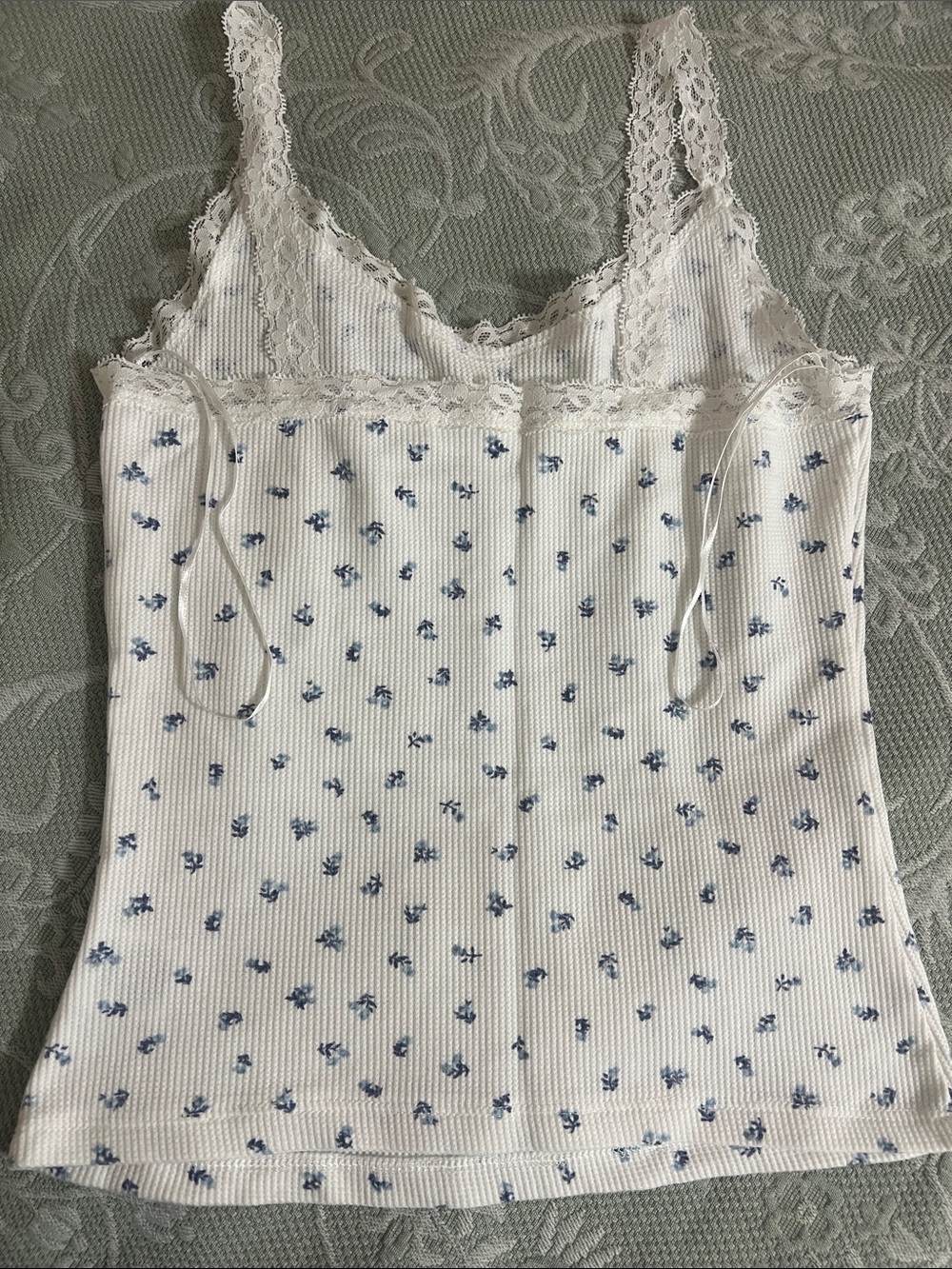 Pink Rose White Ribbed Camisole with Blue Floral Print and Lace Trim - Picture 3 of 3